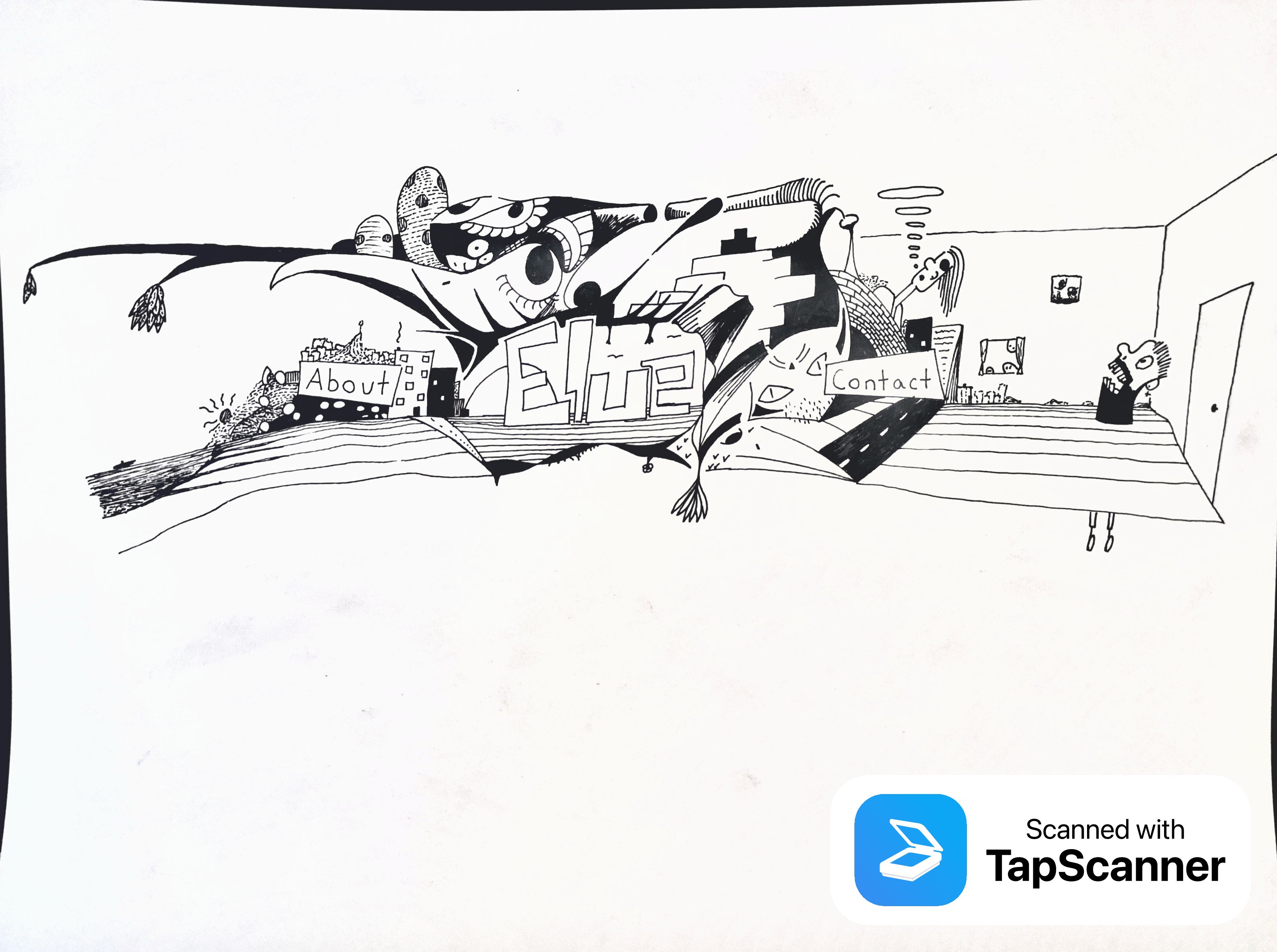 Elue — hand drawn header with About and Contact navigation